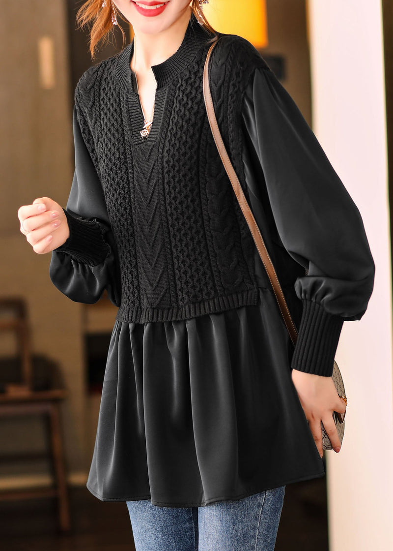 Black V Neck Knit Shirt Winter