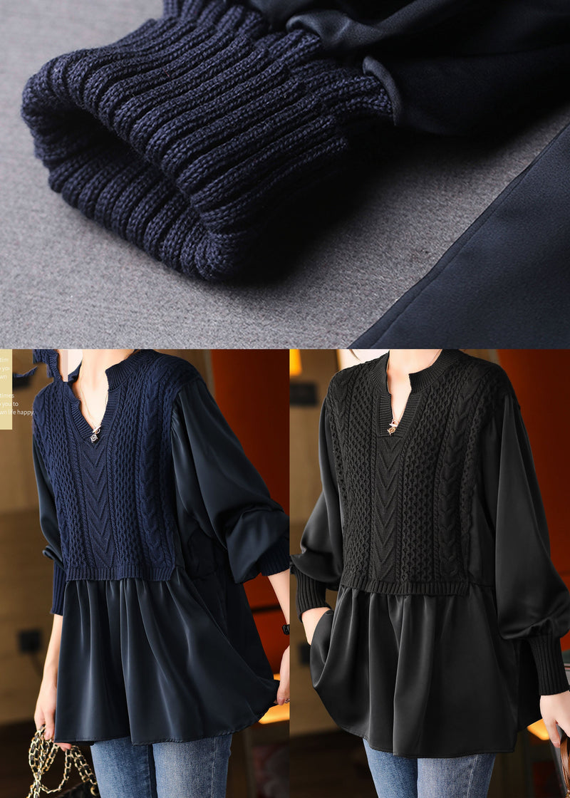 Black V Neck Knit Shirt Winter