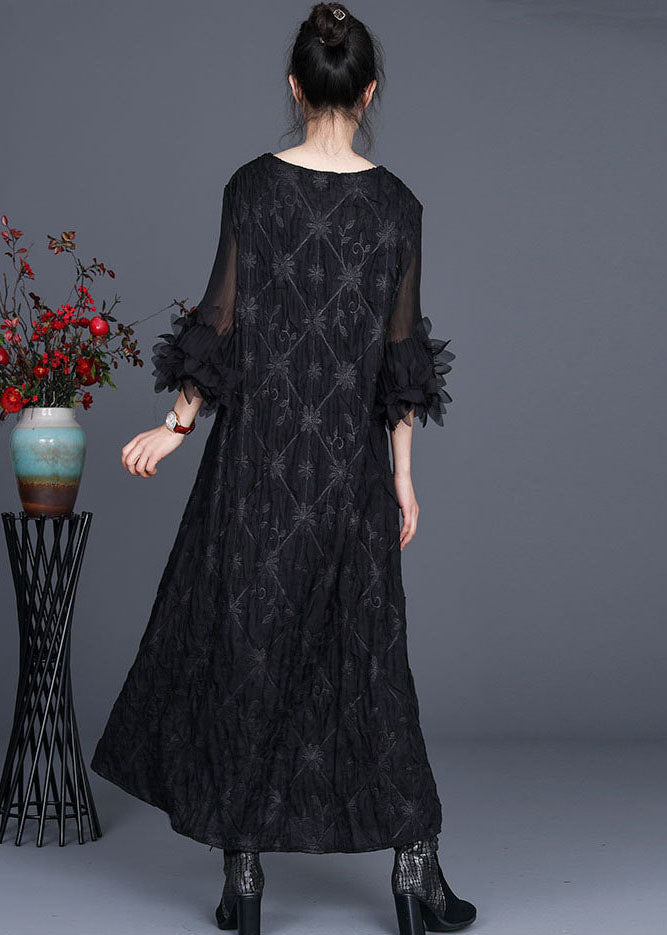 Black V Neck Wrinkled Nail Bead Fall Long Dresses