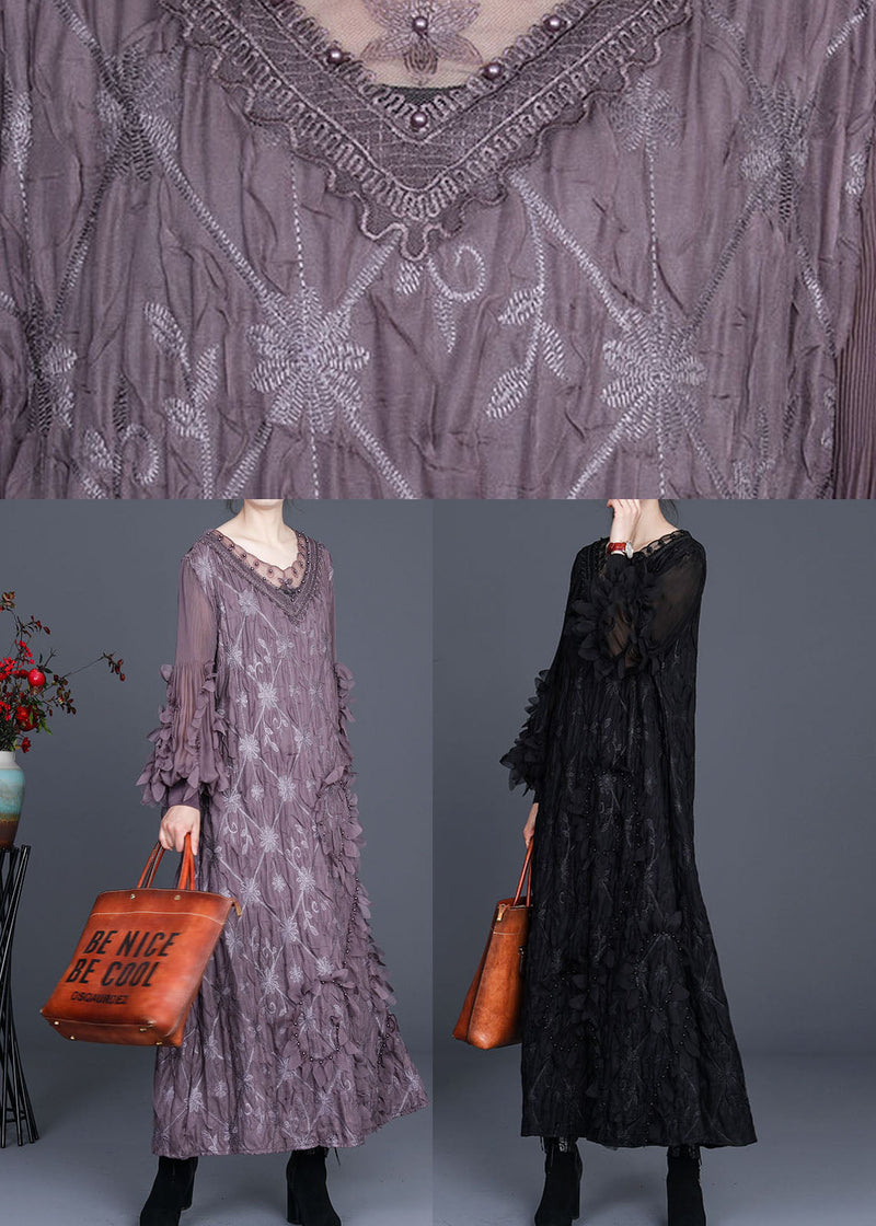 Black V Neck Wrinkled Nail Bead Fall Long Dresses