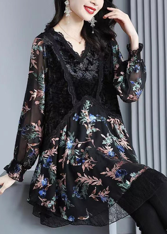 Black Velvet Print Patchwork Chiffon Dresses Spring