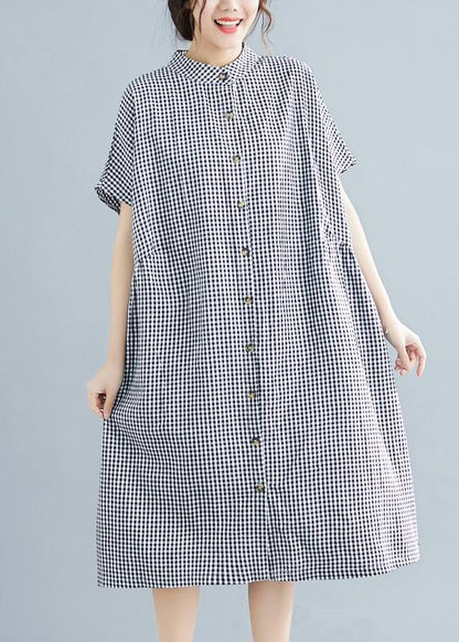 Black White Plaid Cotton Pockets Summer Dress
