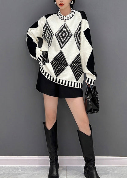 Black White Plaid O-neck Knit Sweaters Fall