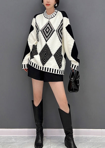 Black White Plaid O-neck Knit Sweaters Fall