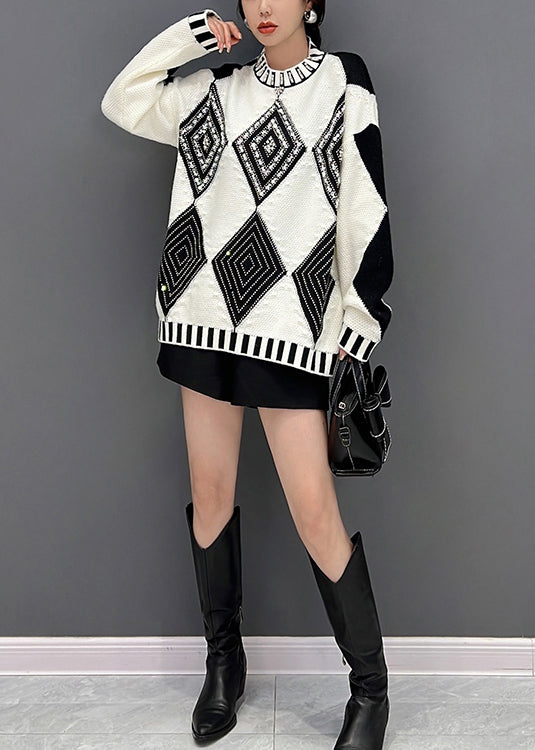 Black White Plaid O-neck Knit Sweaters Fall