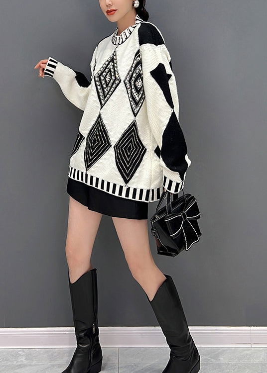 Black White Plaid O-neck Knit Sweaters Fall
