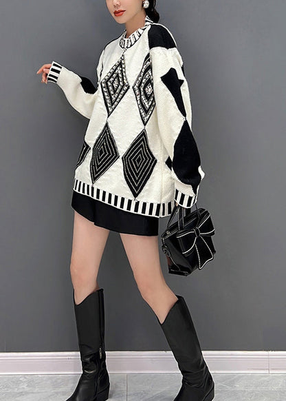 Black White Plaid O-neck Knit Sweaters Fall