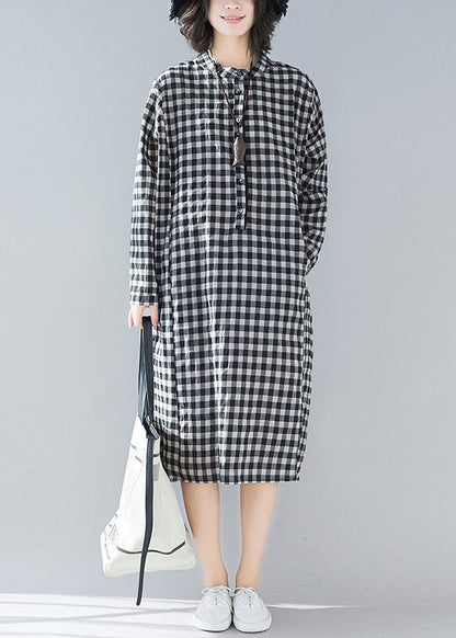 Black White Plaid Stand Collar Pockets Side Open Linen Dresses Long Sleeve