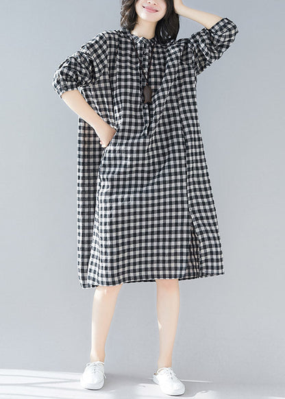 Black White Plaid Stand Collar Pockets Side Open Linen Dresses Long Sleeve