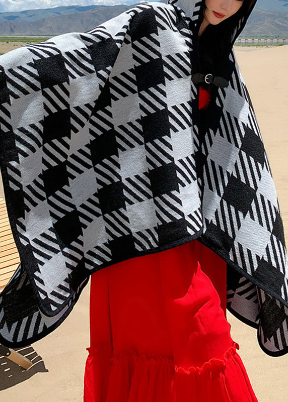 Black White Plaid V Neck Cashmere Cardigan Long Sleeve