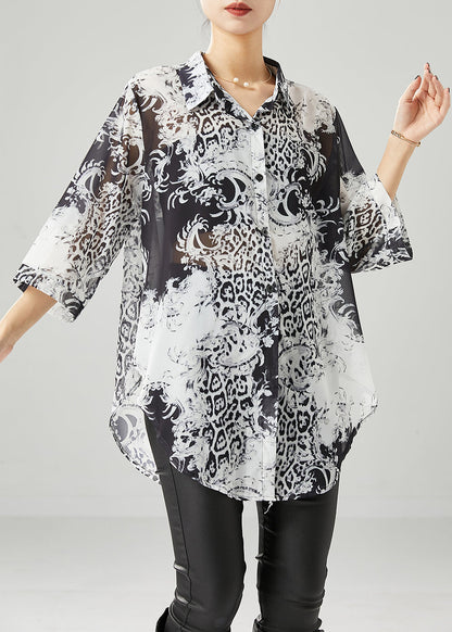 Black White Print Oversized Chiffon Blouses Half Sleeve