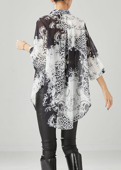 Black White Print Oversized Chiffon Blouses Half Sleeve