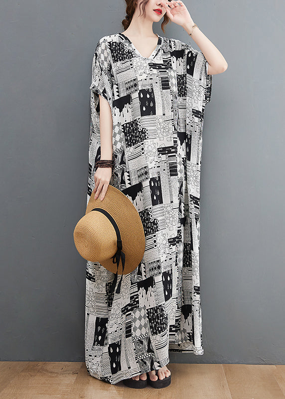Black White Print V Neck Beach Long Dress Short Sleeve