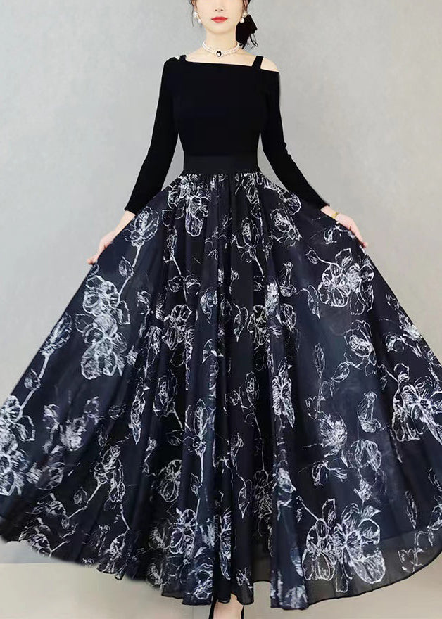 Black Wrinkled Print Exra Large Hem Chiffon Skirts Summer