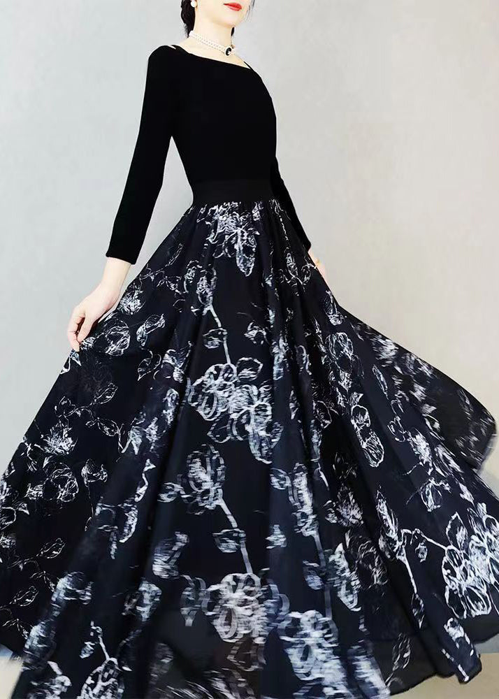 Black Wrinkled Print Exra Large Hem Chiffon Skirts Summer