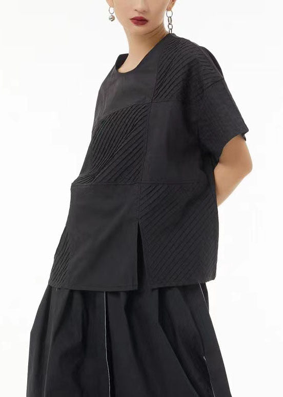 Black Wrinkled Side Open Cotton Tank Top Summer