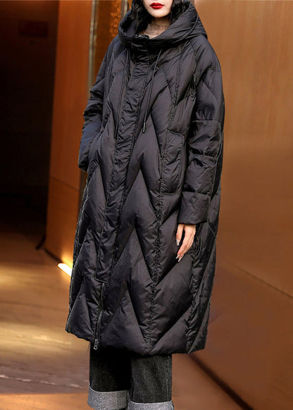 Black Zip Up Patchwork Hooded Duck Down Coats Winter