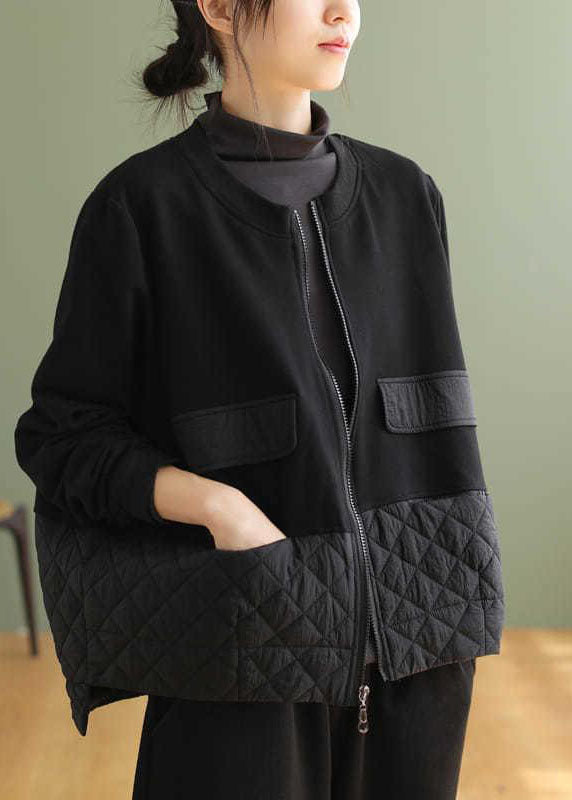 Black Zip Up Patchwork Warm Fleece Jacket Spring