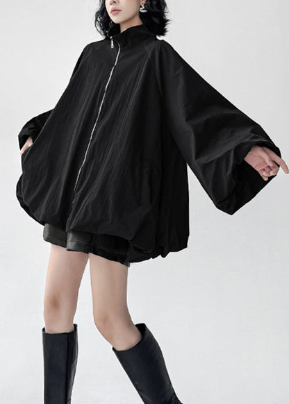 Black Zip Up Pockets Cotton Coats Spring