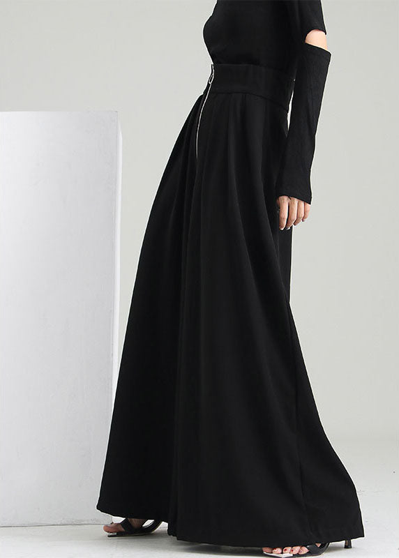 Black Zip Up Pockets Cotton Wide Leg Pants Spring