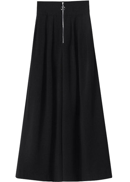 Black Zip Up Pockets Cotton Wide Leg Pants Spring