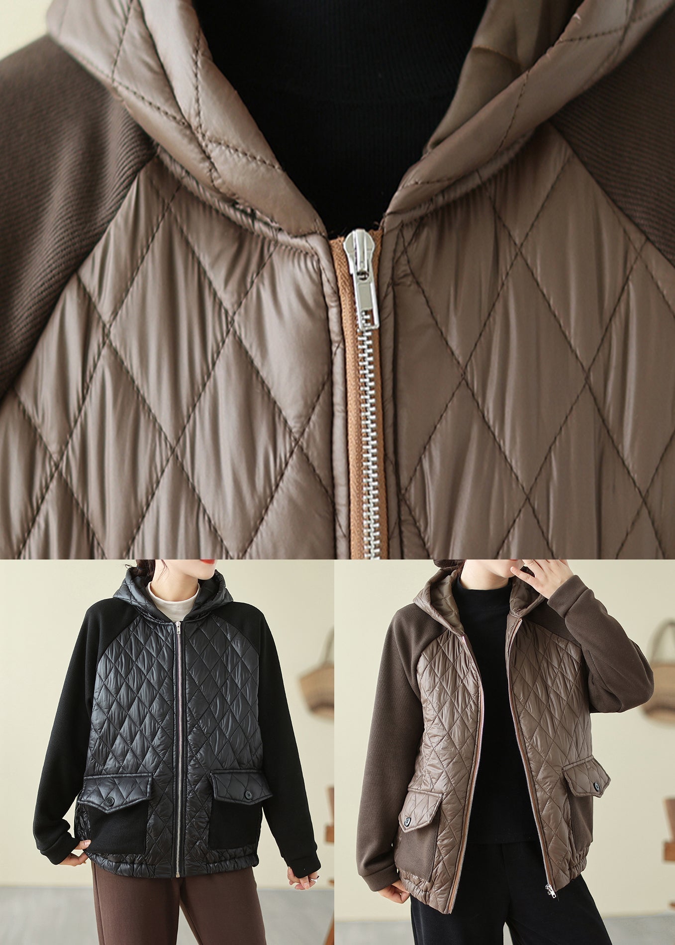Black Zip Up Pockets Fine Cotton Filled Hooded Coat Winter