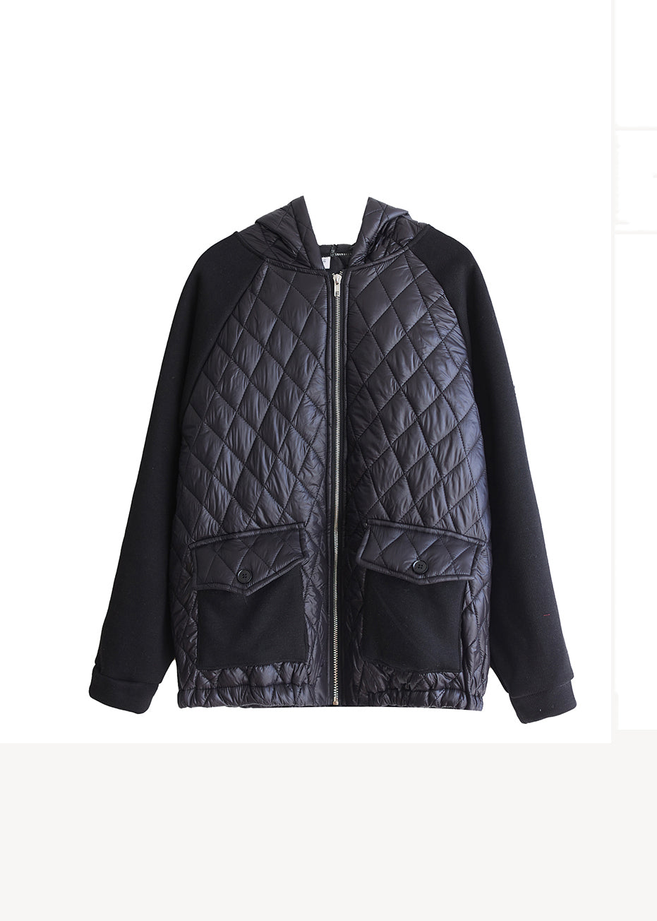 Black Zip Up Pockets Fine Cotton Filled Hooded Coat Winter