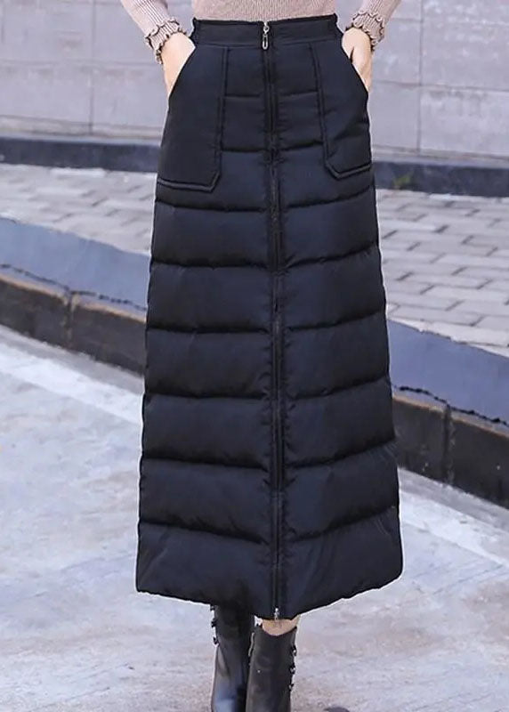 Black Zip Up Pockets Fine Cotton Filled Skirt Winter