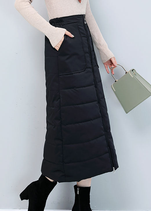 Black Zip Up Pockets Fine Cotton Filled Skirt Winter