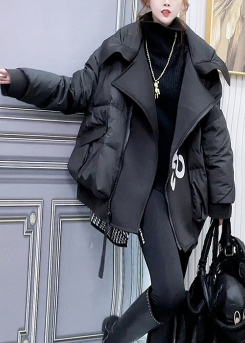 Black Zip Up Pockets Patchwork Duck Down Coats Winter