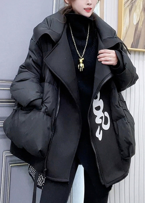Black Zip Up Pockets Patchwork Duck Down Coats Winter