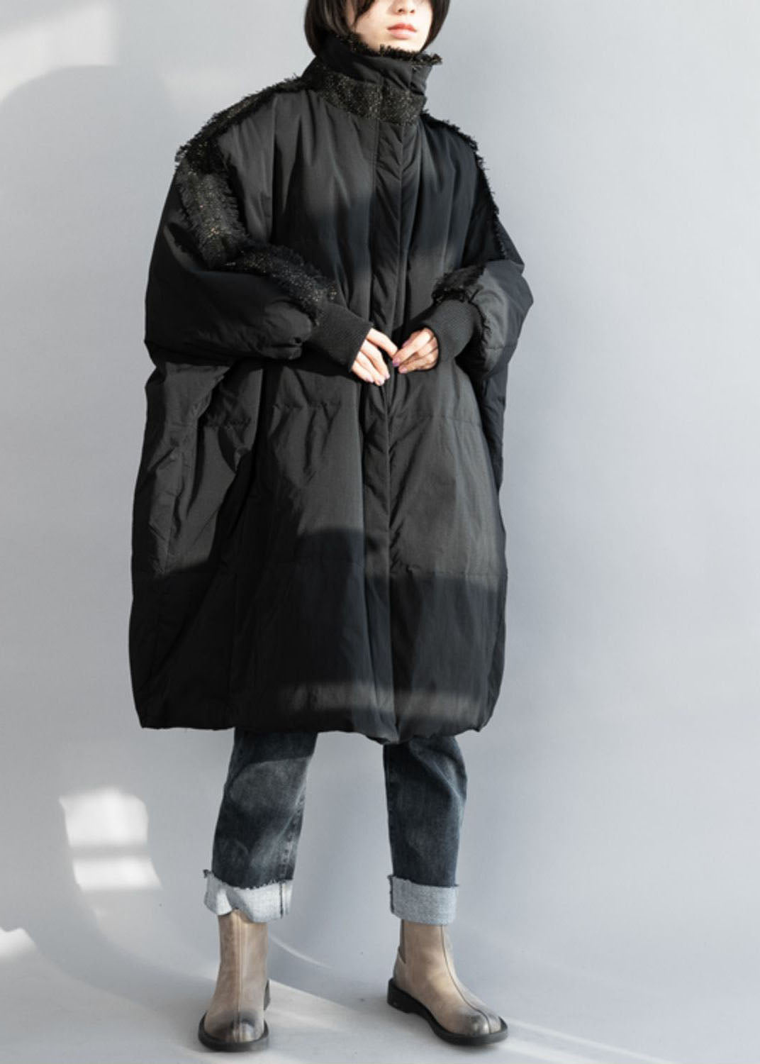 Black Zip Up Tassel Oversized Duck Down Coat Winter