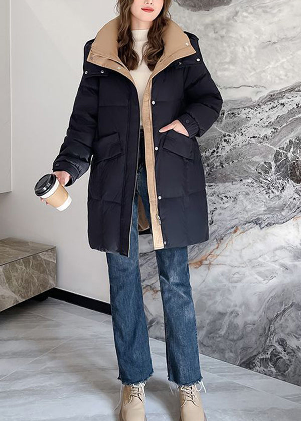 Black Zippered Hooded Pockets Duck Down Coat Winter