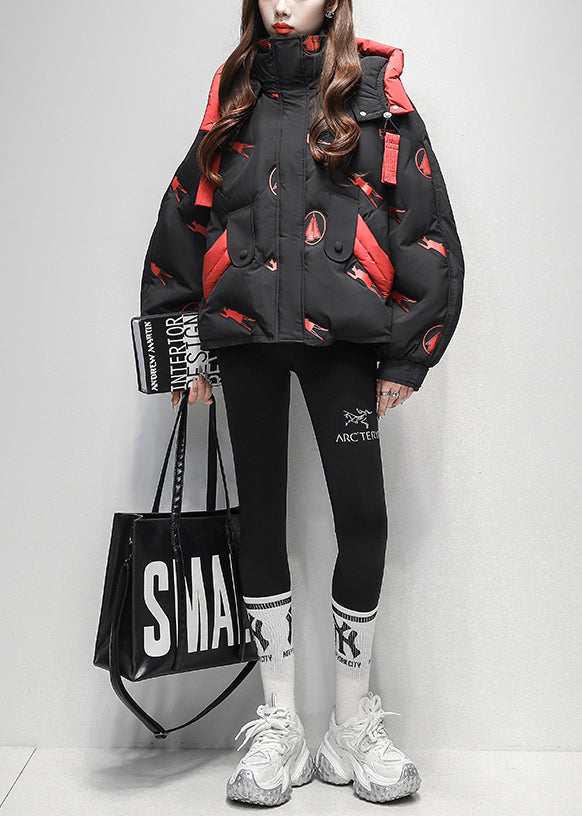 Black Zippered Letter Print Duck Down Puffer Coat