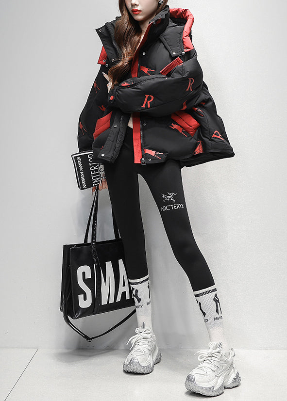 Black Zippered Letter Print Duck Down Puffer Coat