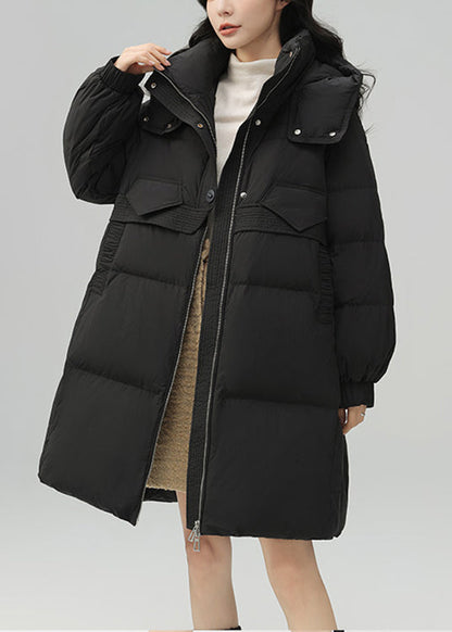 Black Zippered Pockets Patchwork Duck Down Coat Winter