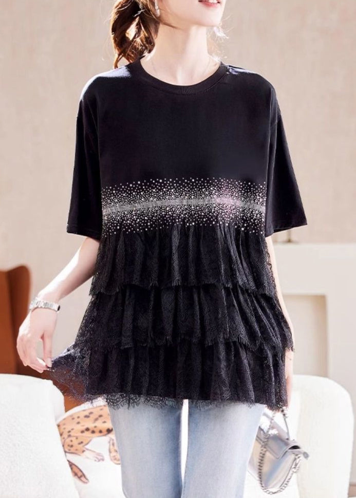 Black Zircon Lace Patchwork Cotton T Shirt Summer