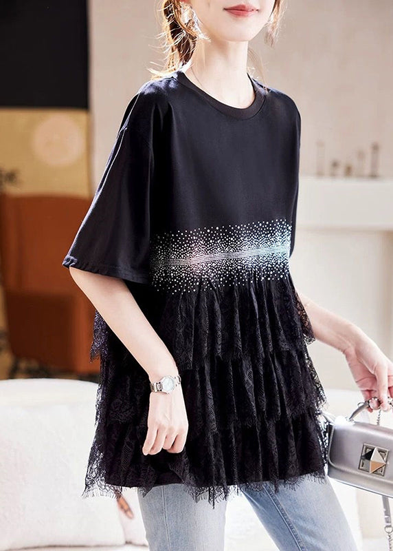 Black Zircon Lace Patchwork Cotton T Shirt Summer
