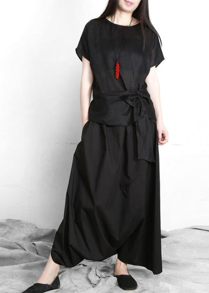 Black Asymmetrical Design Elastic Waist Summer Linen Skirts