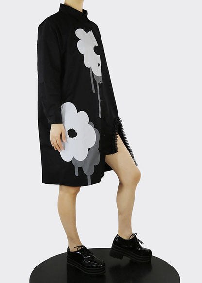 Black Asymmetrical Design Ruffled Shirt Dresses Spring