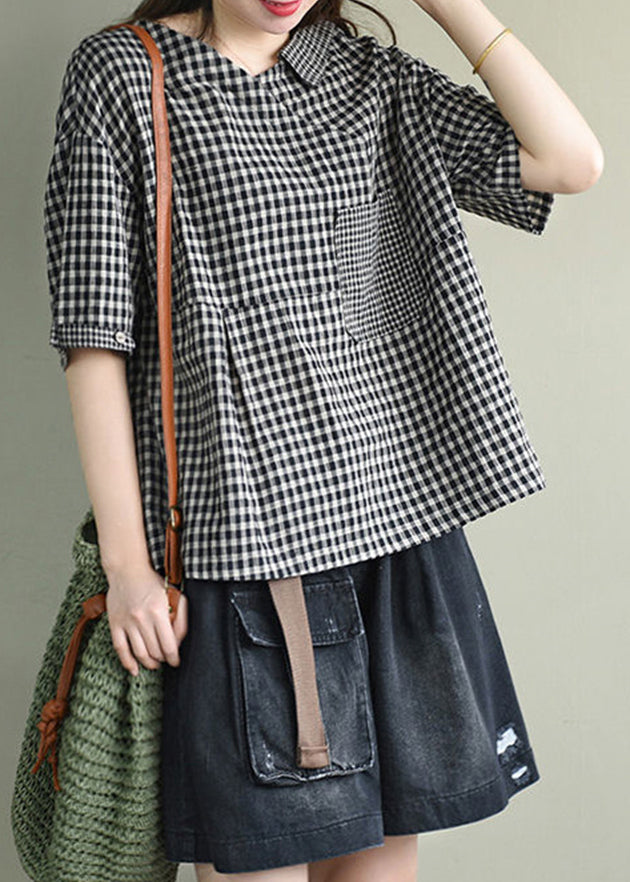 Black Asymmetrical Design V Neck Linen Tops Short Sleeve