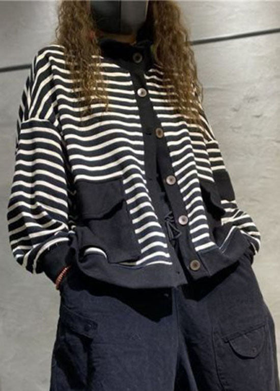 Black Button Stand Collar Pockets Coats Long Sleeve
