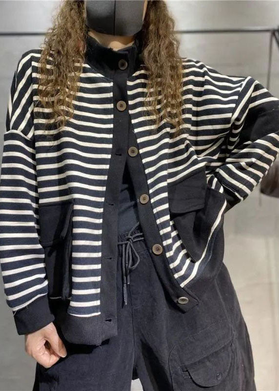 Black Button Stand Collar Pockets Coats Long Sleeve