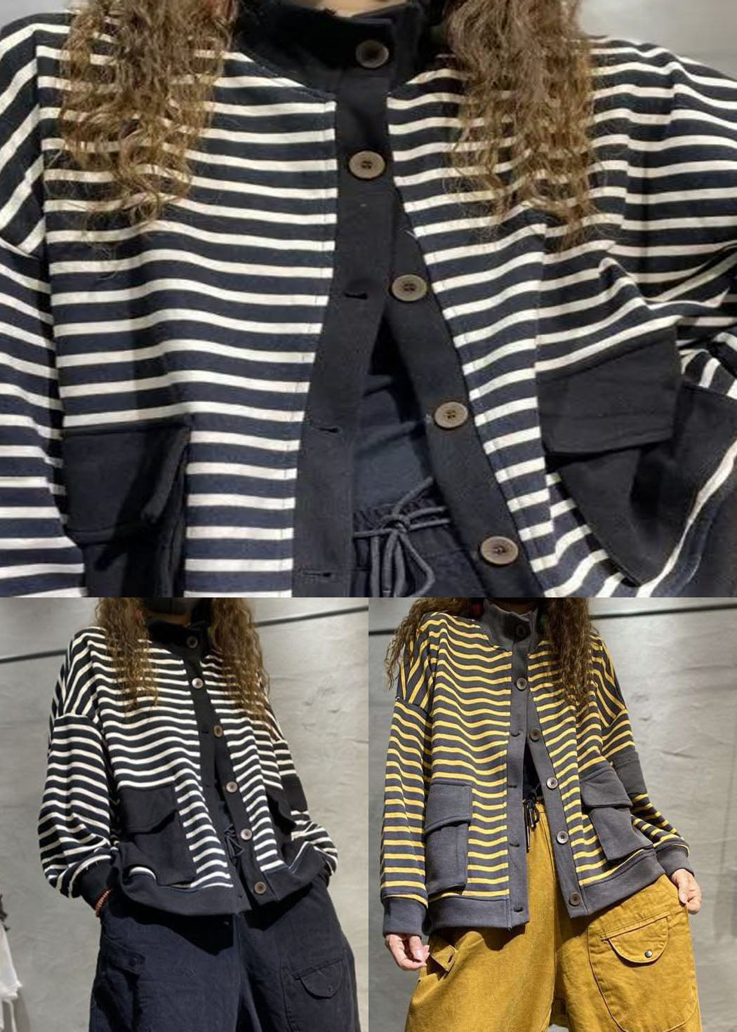 Black Button Stand Collar Pockets Coats Long Sleeve