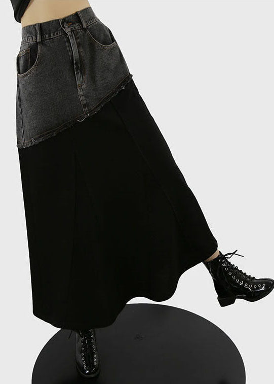 Black Elastic Waist Pockets a Line Skirts Spring