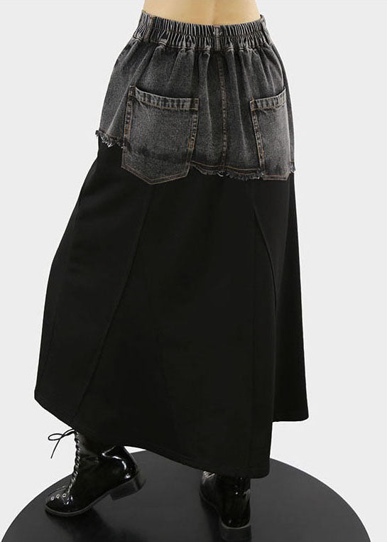 Black Elastic Waist Pockets a Line Skirts Spring