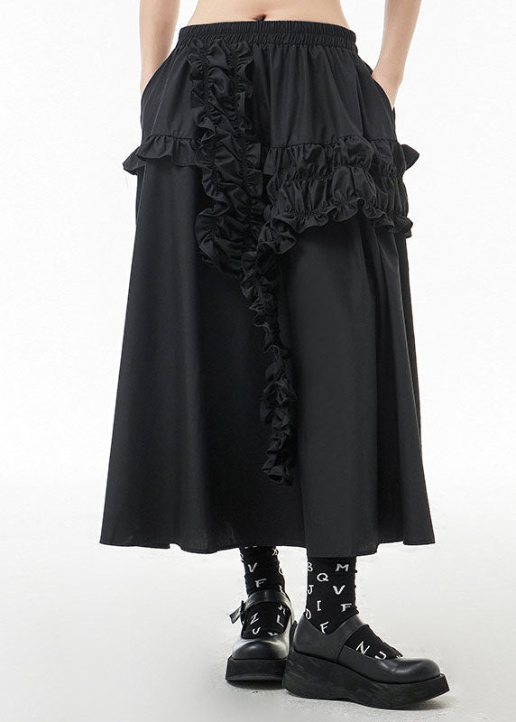 Black Elastic Waist Ruffled a Line Skirts Spring