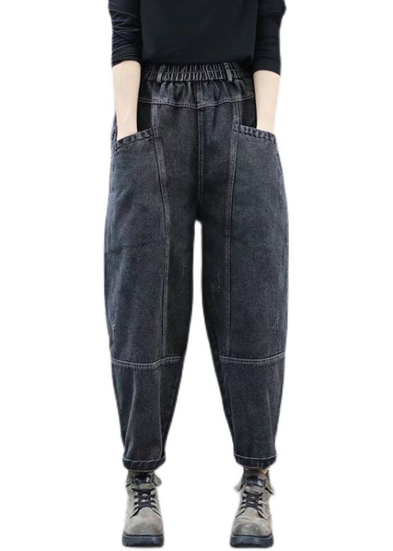 Black High Waist Thick Denim Pants Winter