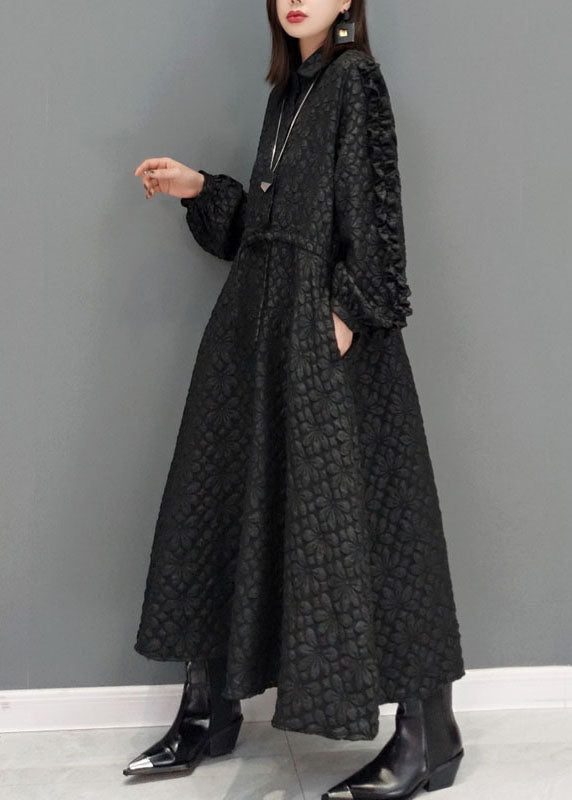 Black Tie Waist Peter Pan Collar Jacquard Long Dress Spring