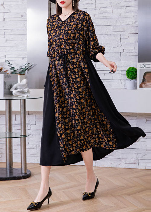 Black Tie Waist V Neck Print Patchwork Silk Holiday Dress Spring